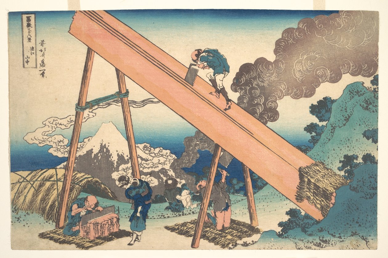 I fjellene i Tōtomi-provinsen (Tōtomi sanchū), fra serien «De tretti-seks utsiktene over Fuji-fjellet» (Fugaku sanjūrokkei) av Katsushika Hokusai