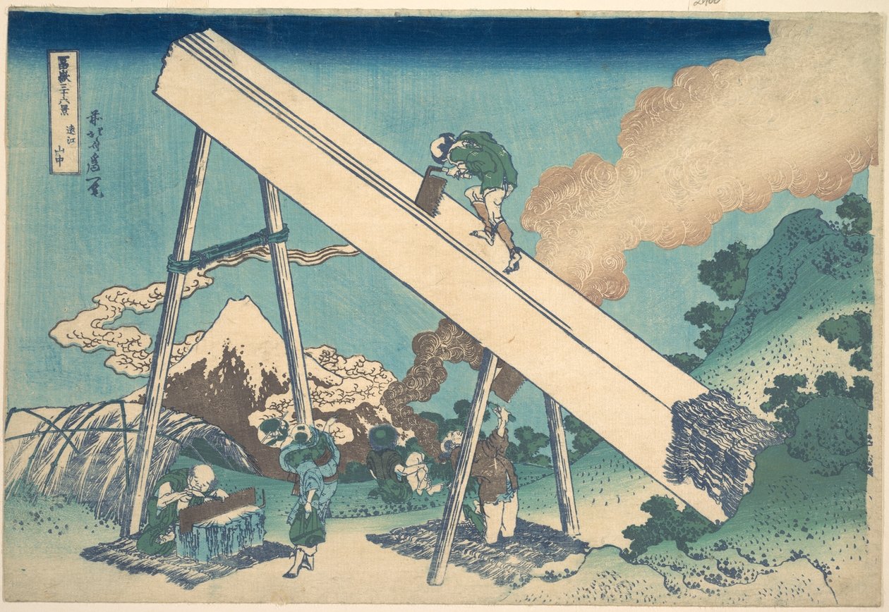 I fjellene i Tōtomi-provinsen (Tōtomi sanchū), fra serien «De tretti-seks utsiktene over Fuji-fjellet» (Fugaku sanjūrokkei) av Katsushika Hokusai