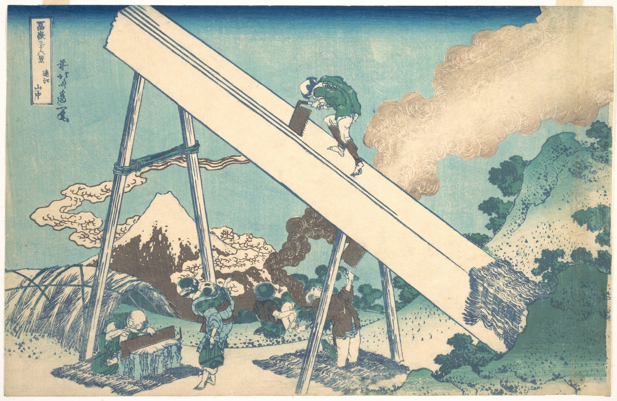 I fjellene i Tōtomi-provinsen (Tōtomi sanchū), fra serien «De tretti-seks utsiktene over Fuji-fjellet» (Fugaku sanjūrokkei) av Katsushika Hokusai