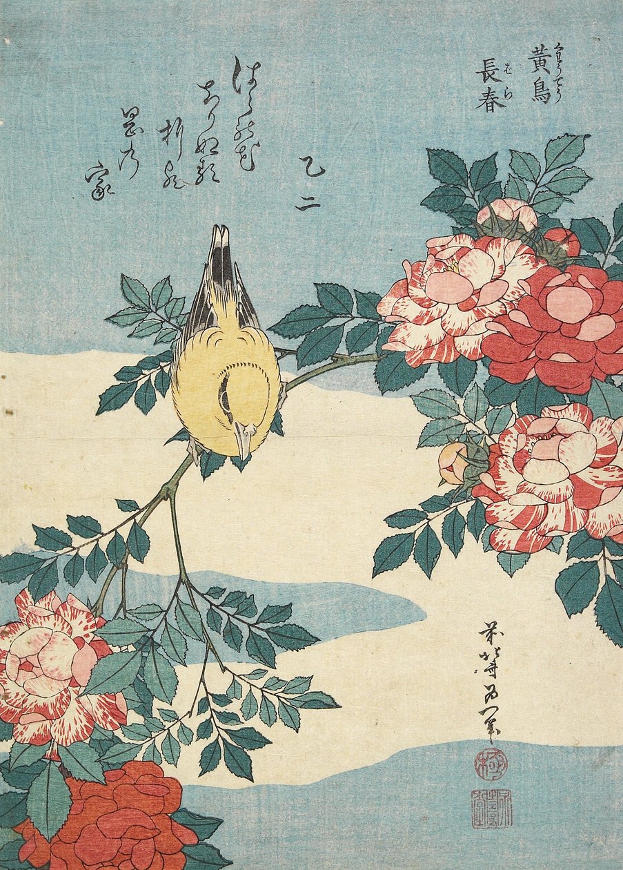Japanese Nightingale og Spray of Roses, ca. 1832 av Katsushika Hokusai