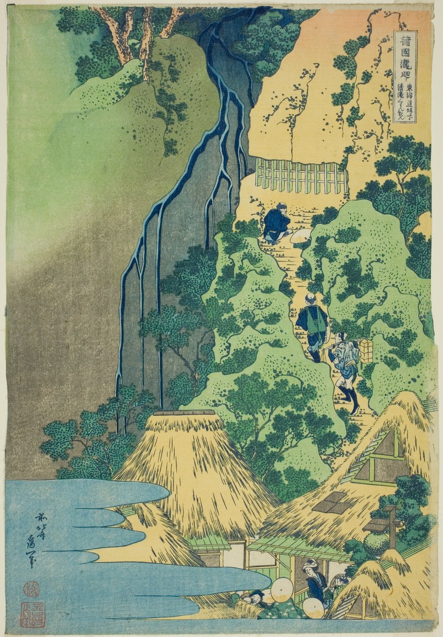 Kannon-helligdommen ved Kiyo Falls ved Sakanoshita på Tōkaidō, fra serien Tour of the Waterfalls in Various Provinces (Shokoku taki meguri) av Katsushika Hokusai