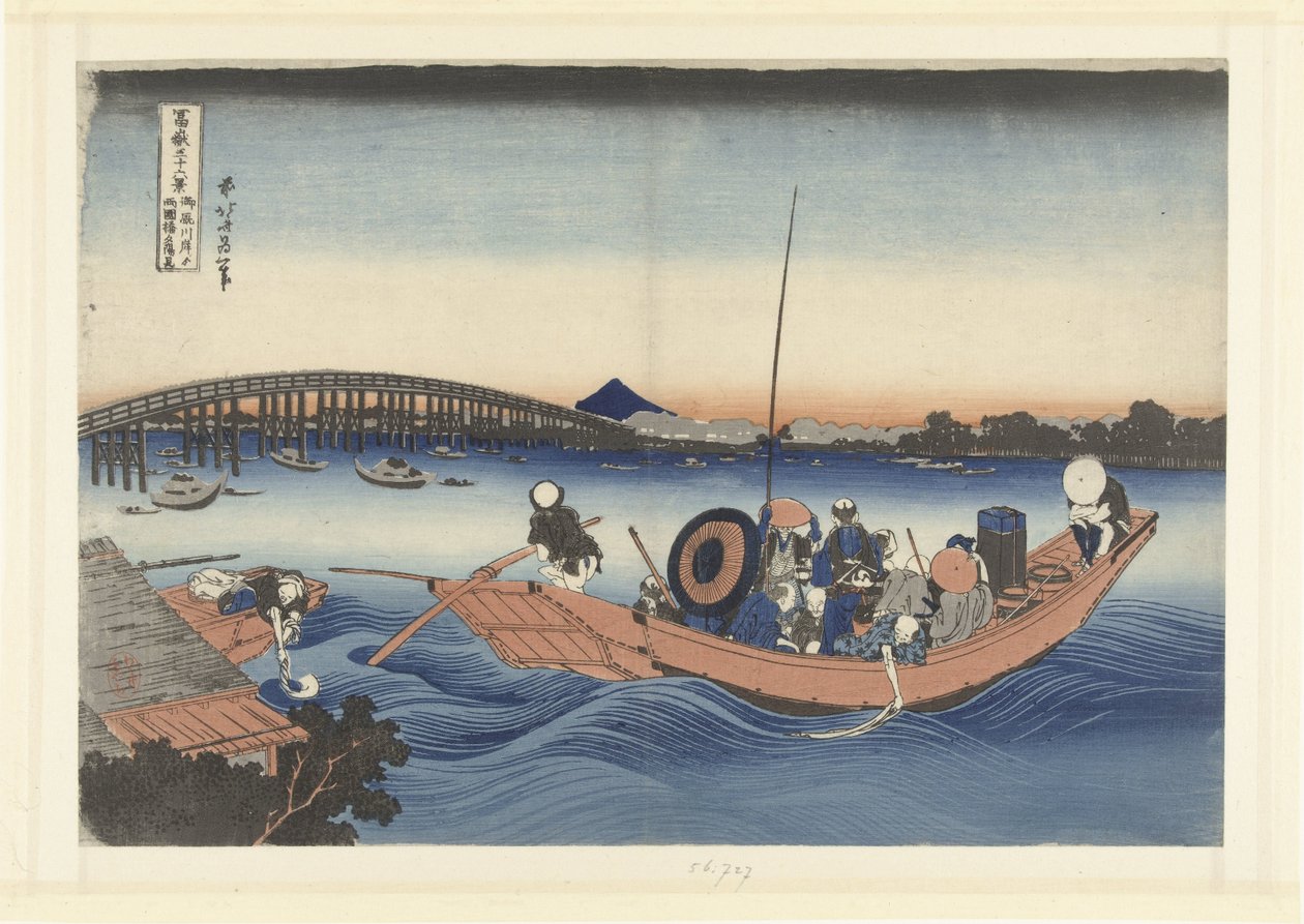 Ser på solnedgangen ved Ryogoku Bridge fra Onmaya Bank Onmayagashi yori Ryogokubashi no sekiyo o miru (tittel på objekt) 36 utsikt over Mount Fuji (serietittel) Fugaku sanjurokkei (serietittel på objekt) av Katsushika Hokusai