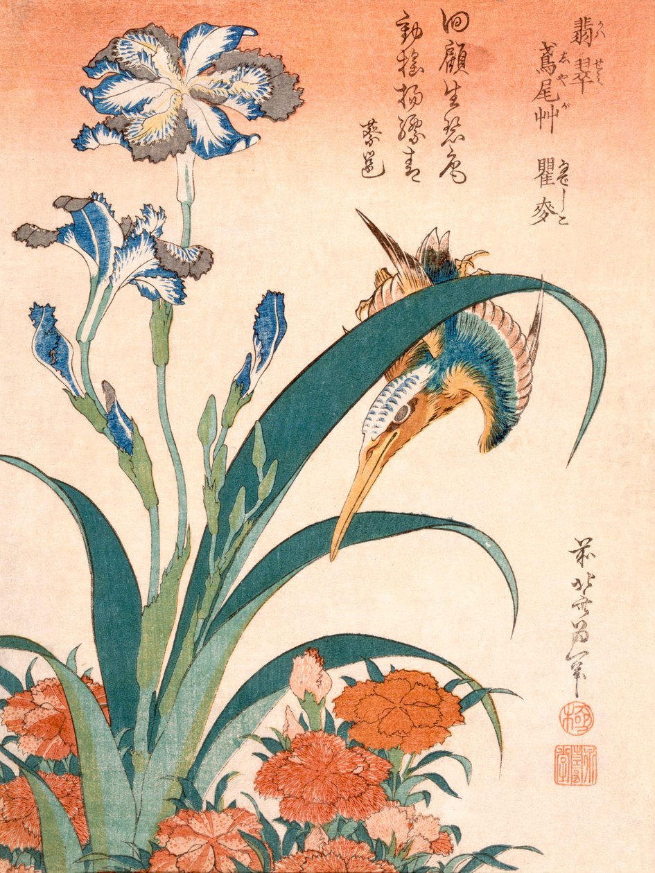 Kingfisher, iris og rosa (farget treblokktrykk) av Katsushika Hokusai