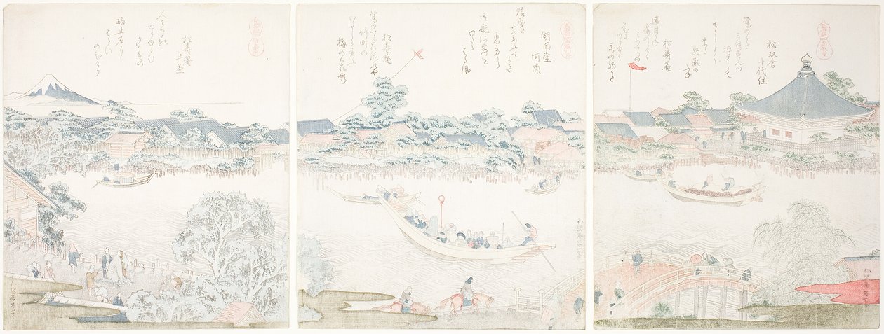 Komagata Hall og O-umaya River Bank, fra serien "A Selection of Horses (Uma zukushi)" av Katsushika Hokusai