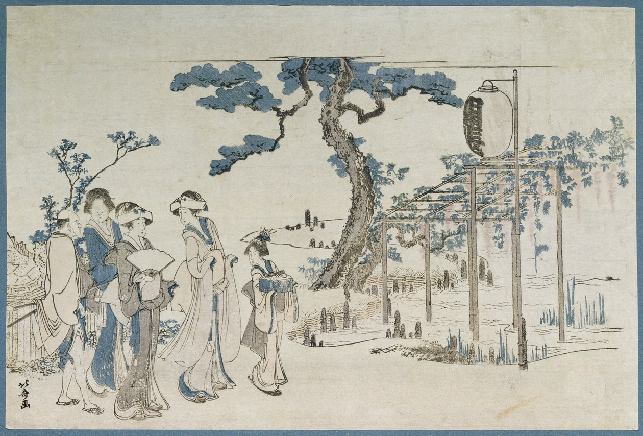 Damer på besøk i Wisteria Gardens på Kameido (treblokktrykk) av Katsushika Hokusai