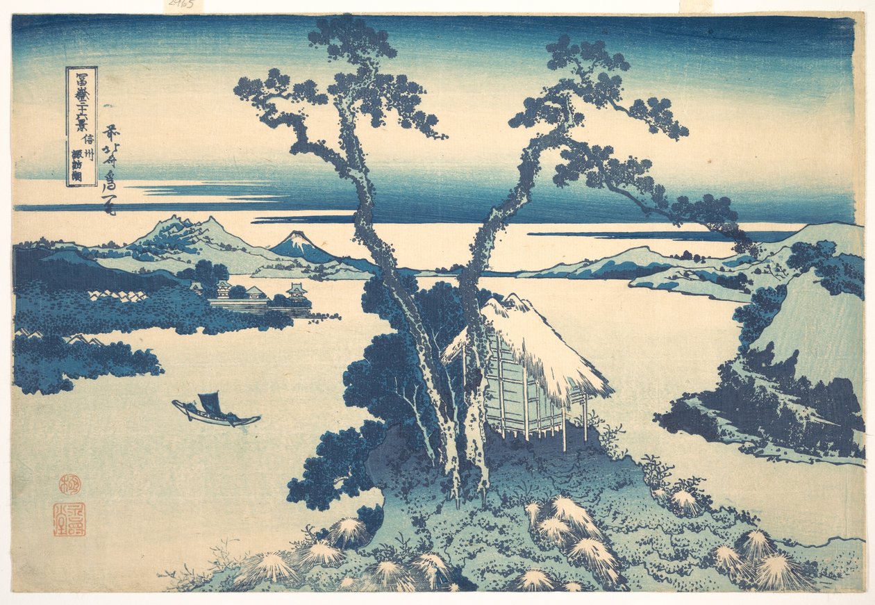 Suwa-sjøen i Shinano-provinsen (Shinshū Suwako), fra serien «De tretti-seks utsiktene over Fuji-fjellet» (Fugaku sanjūrokkei) av Katsushika Hokusai