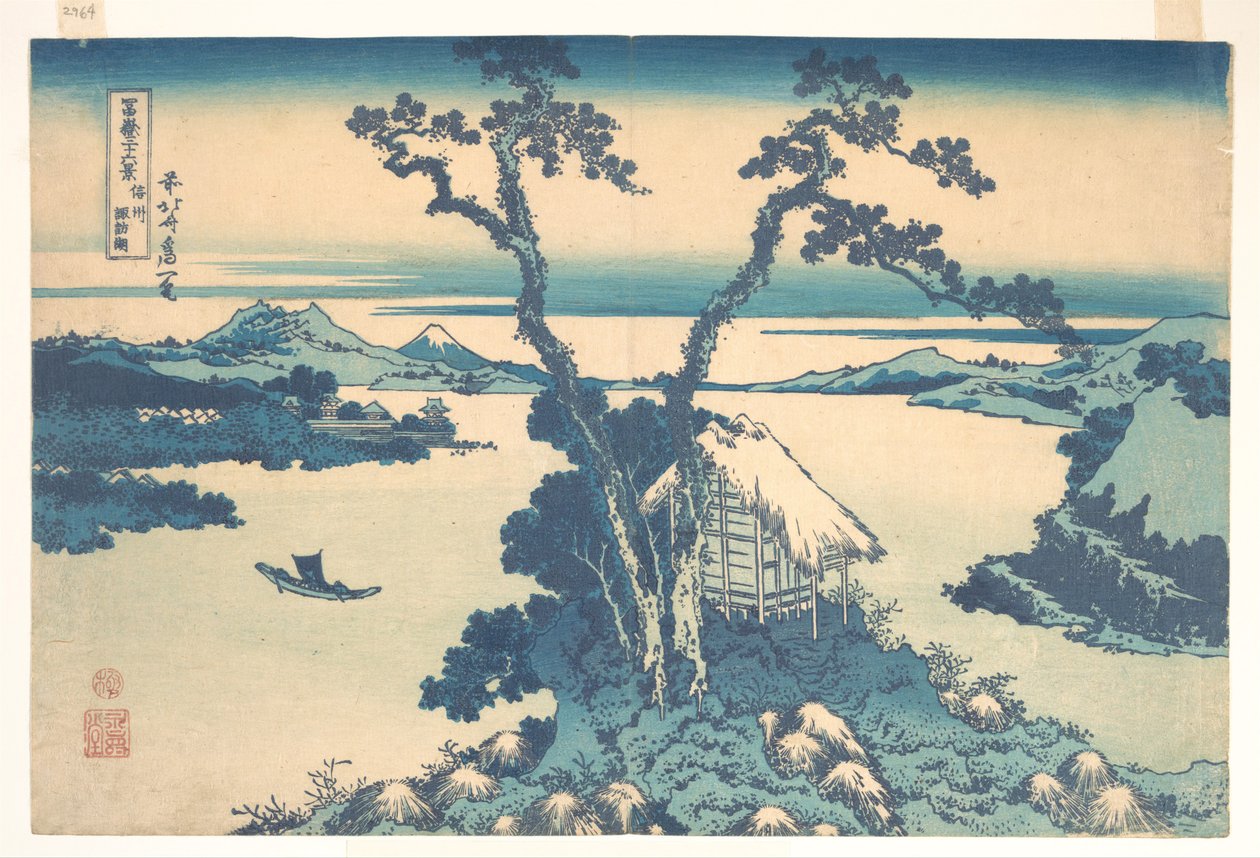 Suwa-sjøen i Shinano-provinsen (Shinshū Suwako), fra serien «De tretti-seks utsiktene over Fuji-fjellet» (Fugaku sanjūrokkei) av Katsushika Hokusai