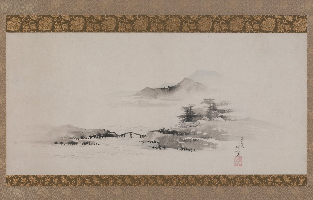 Landskap, Edo-periode, ca. 1801-02 (blekk og farge på papir montert som hengende rulle) av Katsushika Hokusai