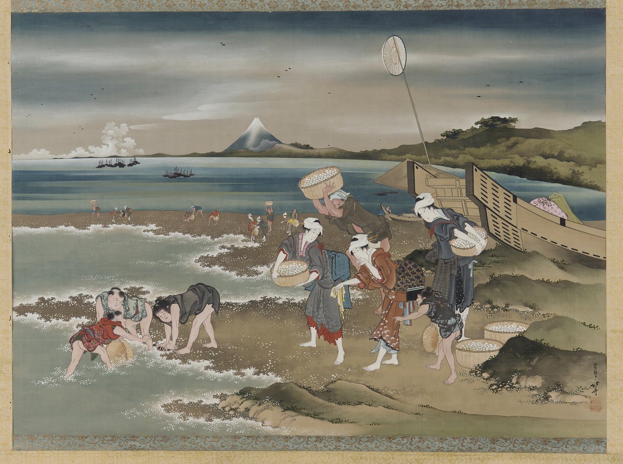Landskap: muslingsamlere på kysten (blekk og farge på silke) av Katsushika Hokusai