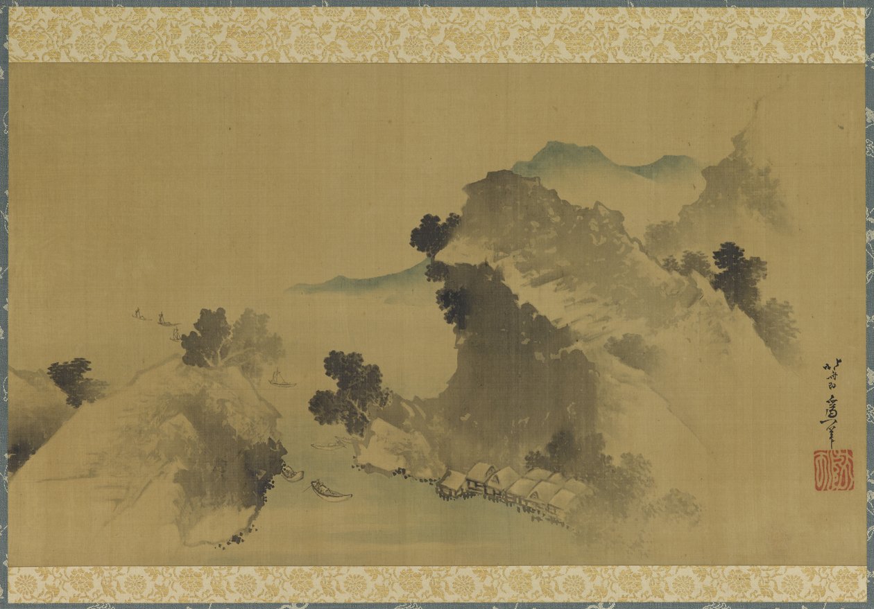 Landskap: fjell, bekk og båter, Edo-periode (blekk og farge på silkepanel) av Katsushika Hokusai