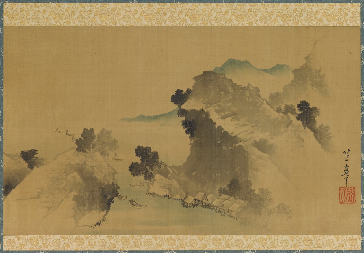 Landskap: fjell, bekk og båter, slutten av 1700-begynnelsen av 1800-tallet. av Katsushika Hokusai