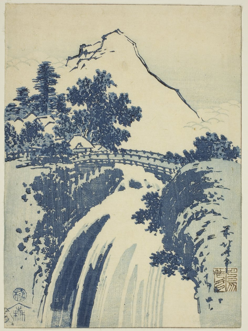 Landskap med foss, fra en serie med tjubantrykk uten tittel av Katsushika Hokusai