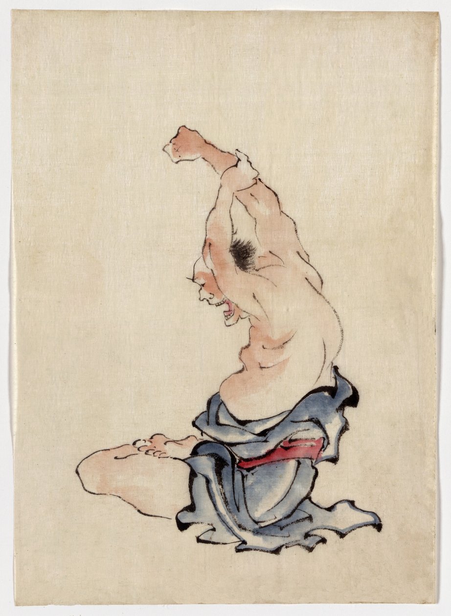 Man Stretching, publisert 1830-50 (vask med fargeblekk) av Katsushika Hokusai