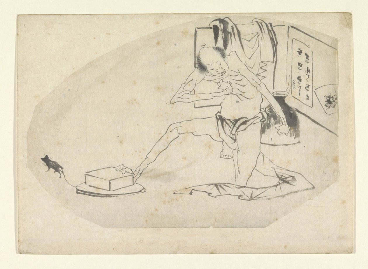Mann i lendeklede, en boks og en mus av Katsushika Hokusai