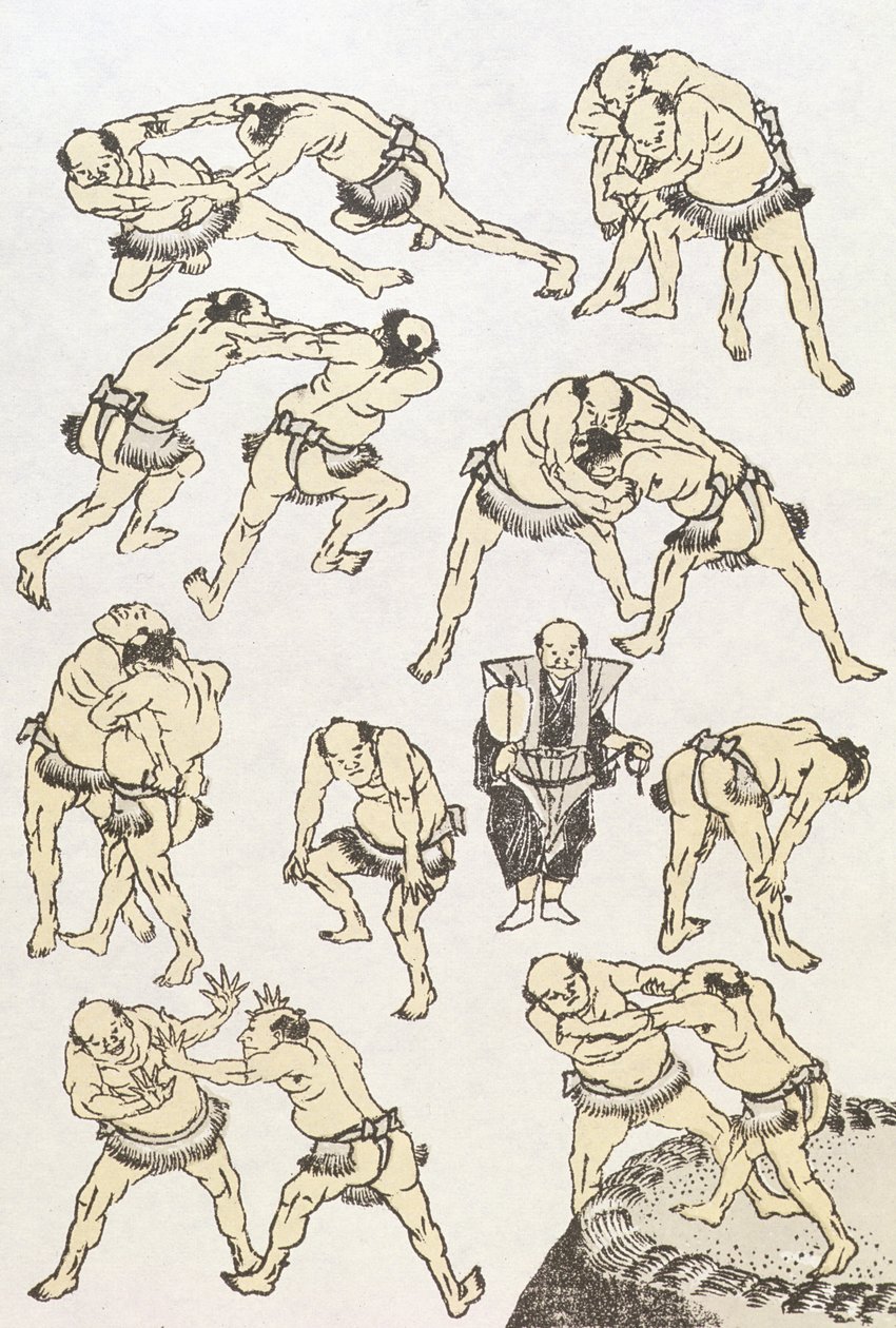 Manga: studier av gester og stillinger av brytere, pub. 1849, (treblokktrykk i farger) av Katsushika Hokusai