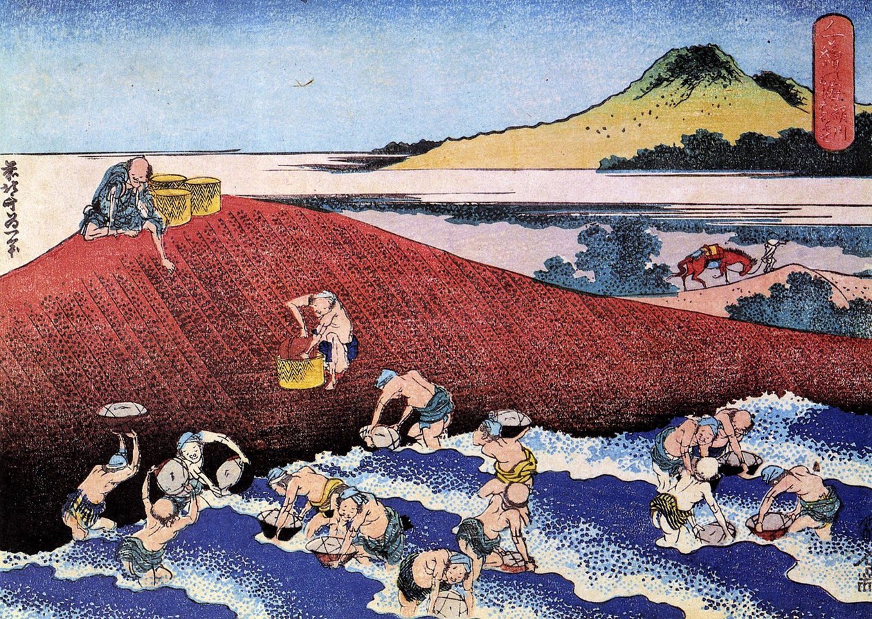 Tusen utsikter over havet, Japan: fiskere på kysten. (Skrive ut av Katsushika Hokusai