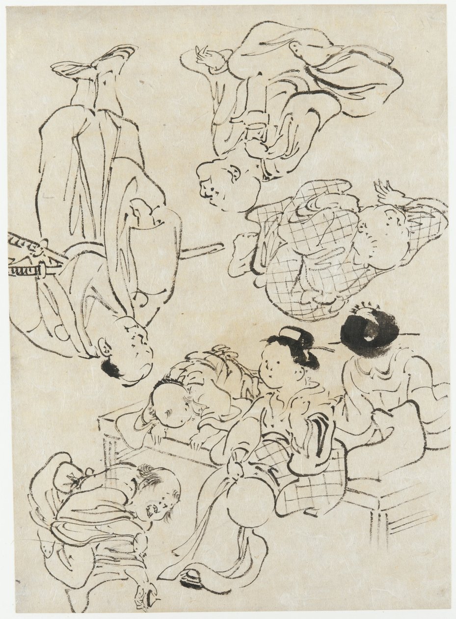 Diverse figurer: sommerfornøyelser, figurer som sitter på verandaen og (nedre) samurai, Edo-perioden (blekk på papir) av Katsushika Hokusai