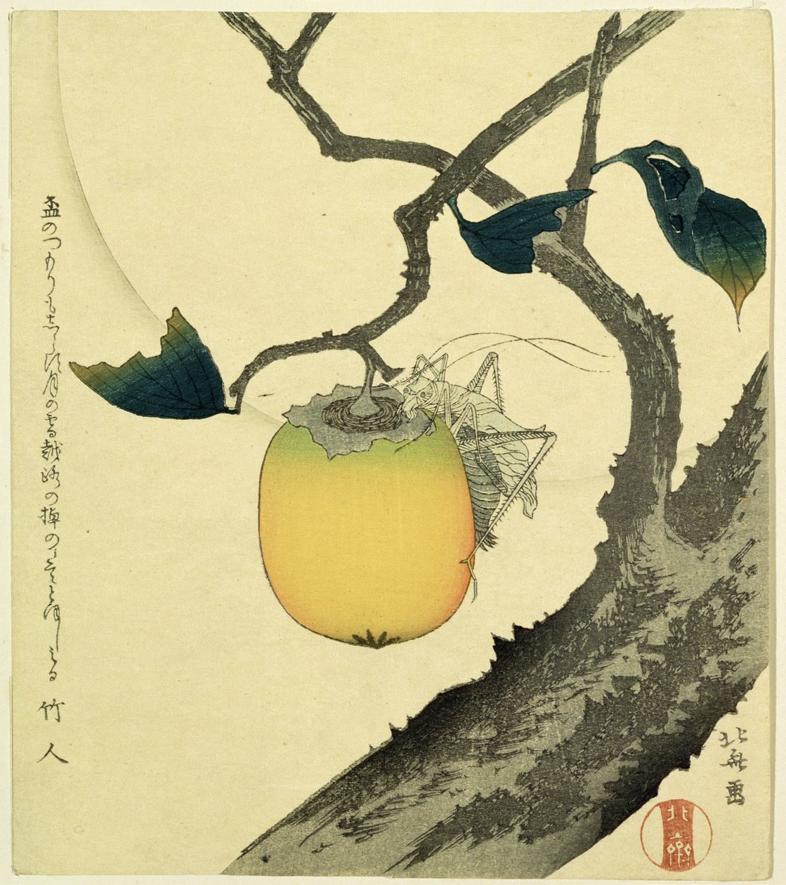Måne, persimmon og gresshoppe, 1807 (fargetresnitt) av Katsushika Hokusai