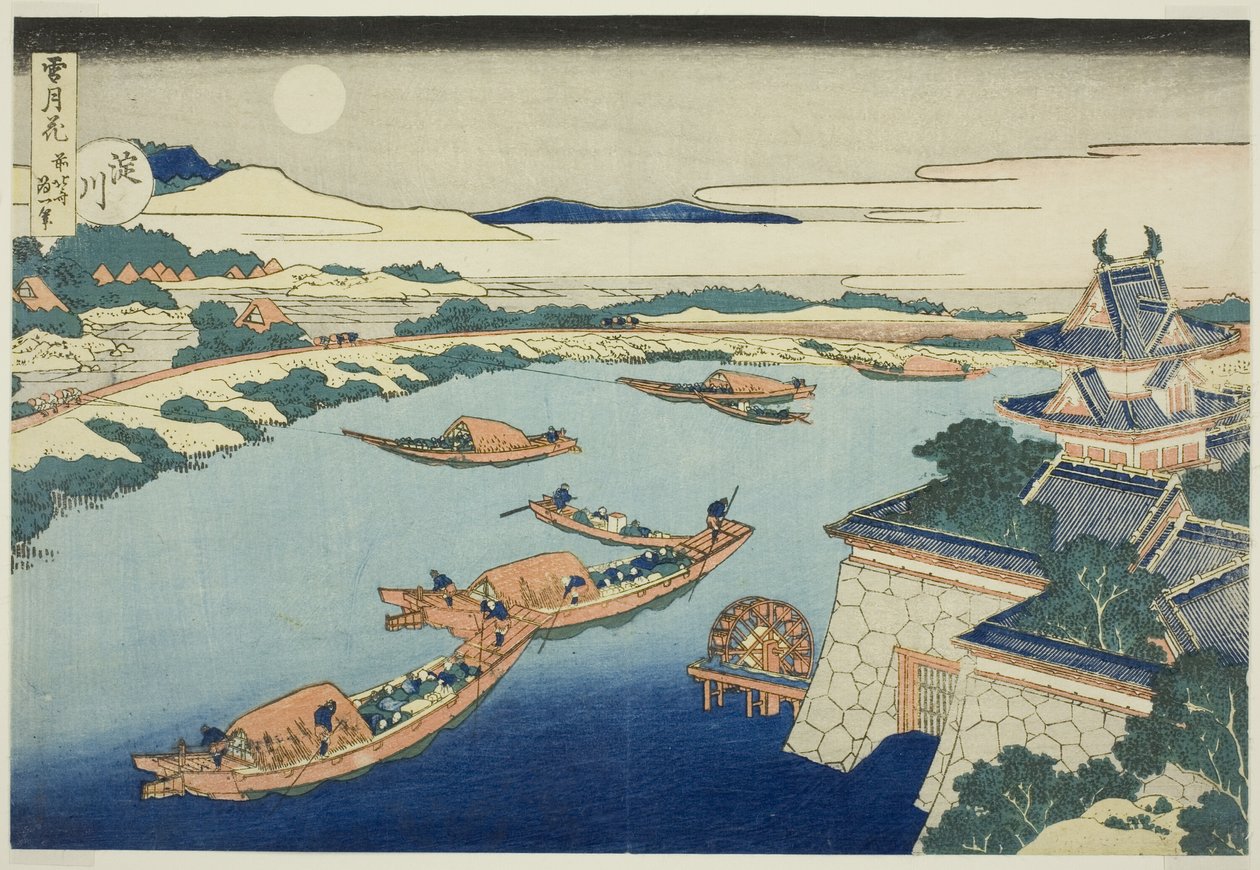 Moonlight on the Yodo River (Yodogawa), fra serien "Snow, Moon and Flowers (Setsugekka)" av Katsushika Hokusai