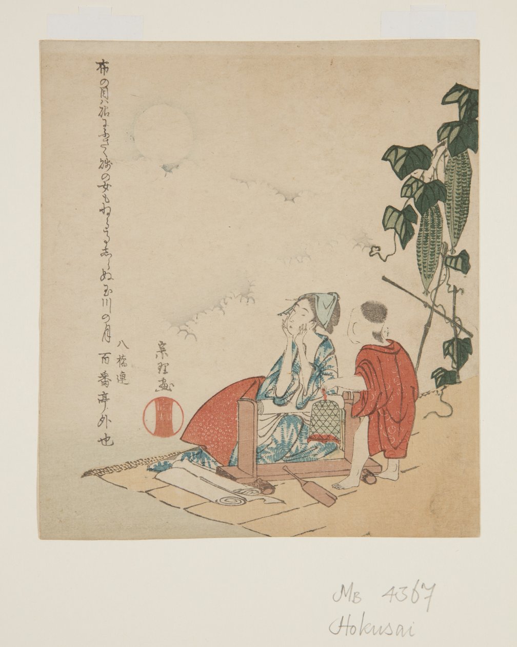 Mother and Child av Gourd Trellis in Moonlight (farget treblokktrykk) av Katsushika Hokusai