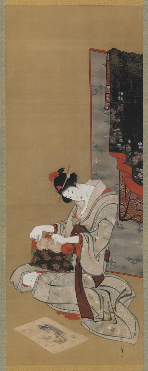 Egendefinert nyttår: Sminke på nyttårsmorgen, Edo-perioden, ca. 1806-11 (blekk og farge på silke) av Katsushika Hokusai