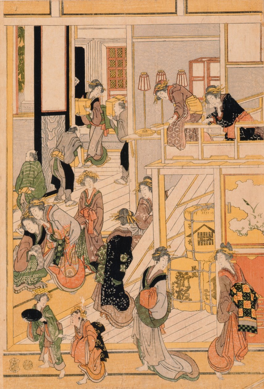 Nyttårsdag på tehuset Ogi-ya. ca. 1810 (treblokktrykk i farger) (for sett se 277796-277798) av Katsushika Hokusai