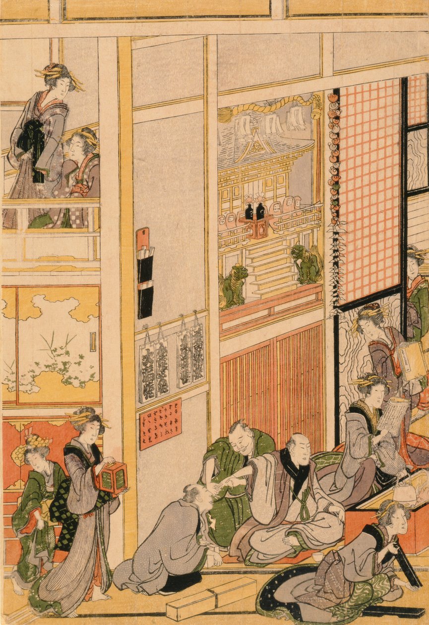Nyttårsdag på tehuset Ogi-ya. ca. 1810 (treblokktrykk i farger) (for sett se 277765 og 277797-277798) av Katsushika Hokusai