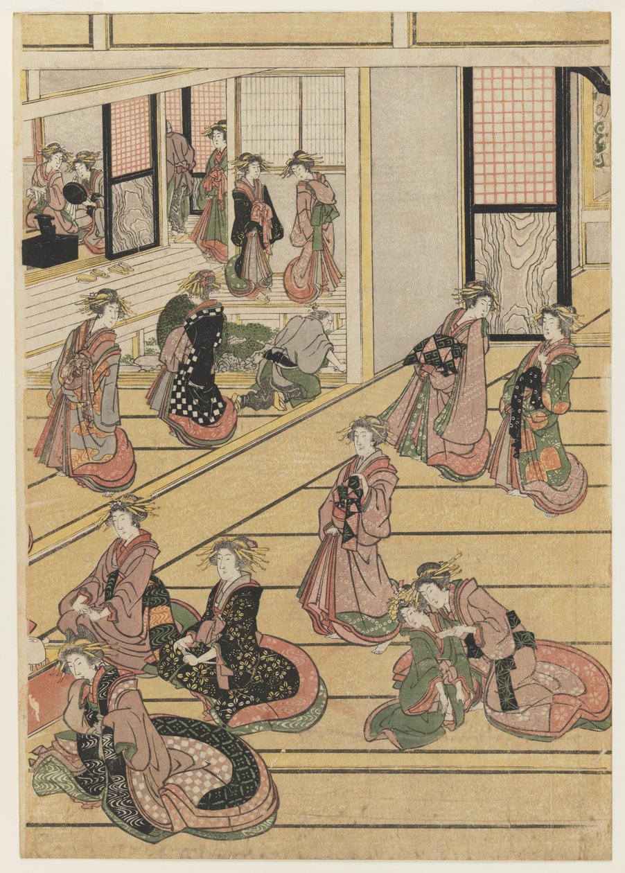 Nyttårsdager på tehuset Ogi-ya. ca. 1810 (treblokktrykk i farger) (for sett se 277795-277797) av Katsushika Hokusai