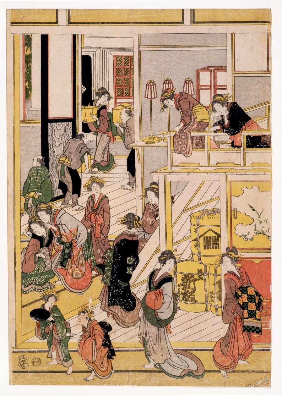 New Years Days of the Teahouse Ogi-ya, ca. 1810 (treblokktrykk) (se også 406534, 406535 og 406536) av Katsushika Hokusai