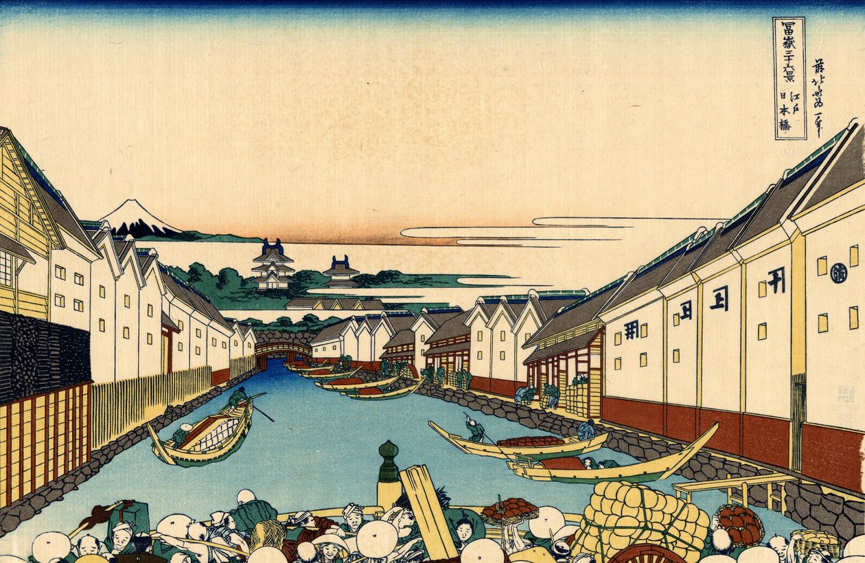 Nihonbashi-broen i Edo, ca. 1830 (treblokktrykk) av Katsushika Hokusai