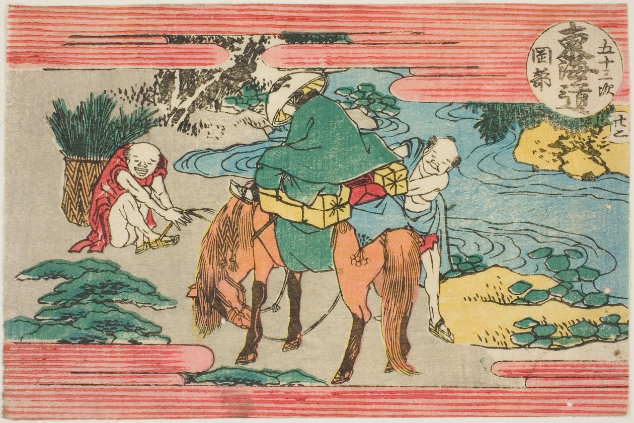 Nr. 22: Okabe, fra serien "Fifty-three Stations of the Tokaido Road (Tokaido gojusan tsugi)" av Katsushika Hokusai