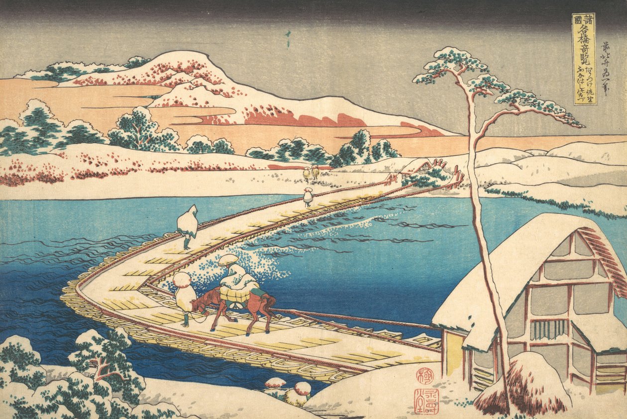 Gammel utsikt over båtbroen ved Sano i Kozuke-provinsen Kozuke Sano funabashi no kozu,..., 1827-30. av Katsushika Hokusai