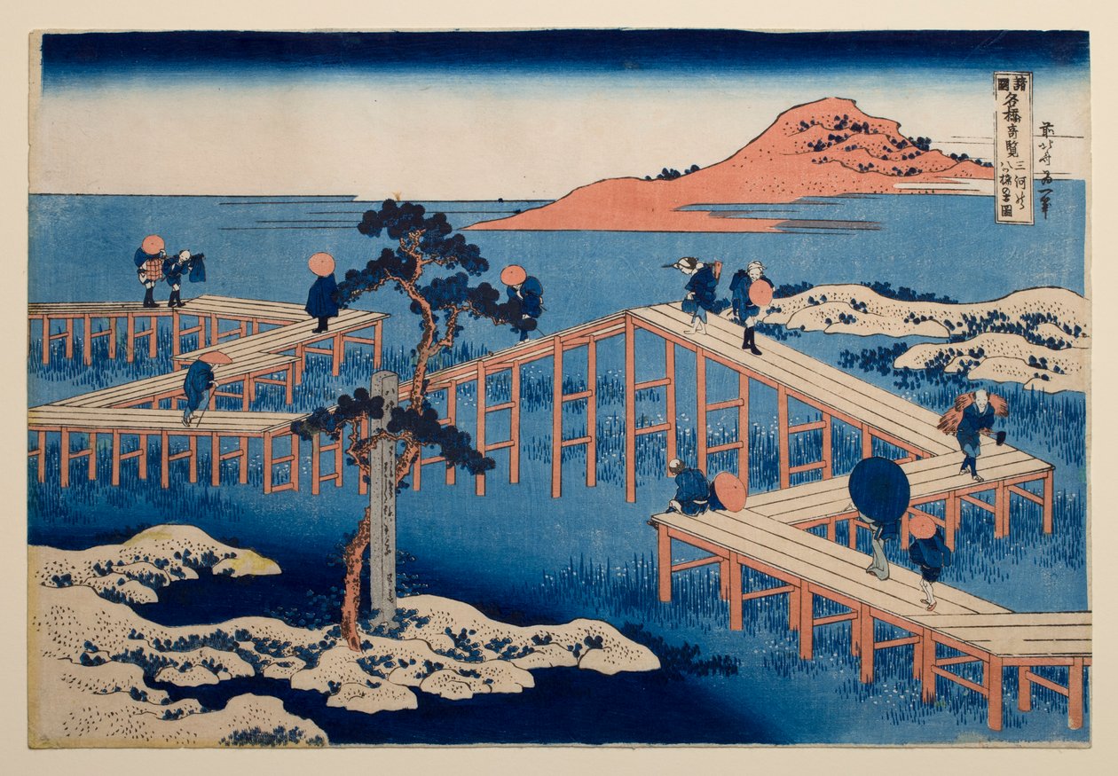 Gammelt bilde av den åtte-delte broen ved Yatsuhashi i Mikawa-provinsen, fra serien «Bemerkelsesverdige utsikter over broer i ulike provinser» av Katsushika Hokusai