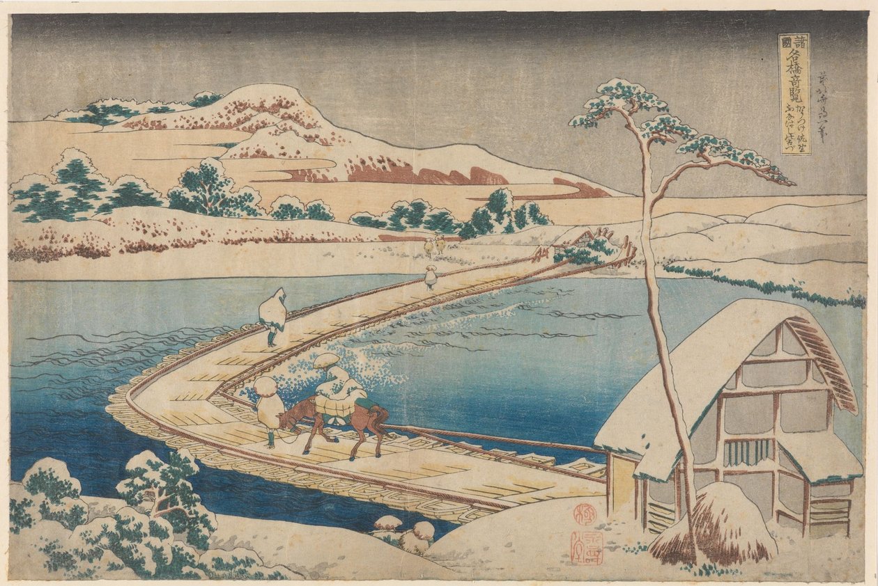 Gammelt bilde av pontongbroen ved Sano i Kôzuke-provinsen av Katsushika Hokusai