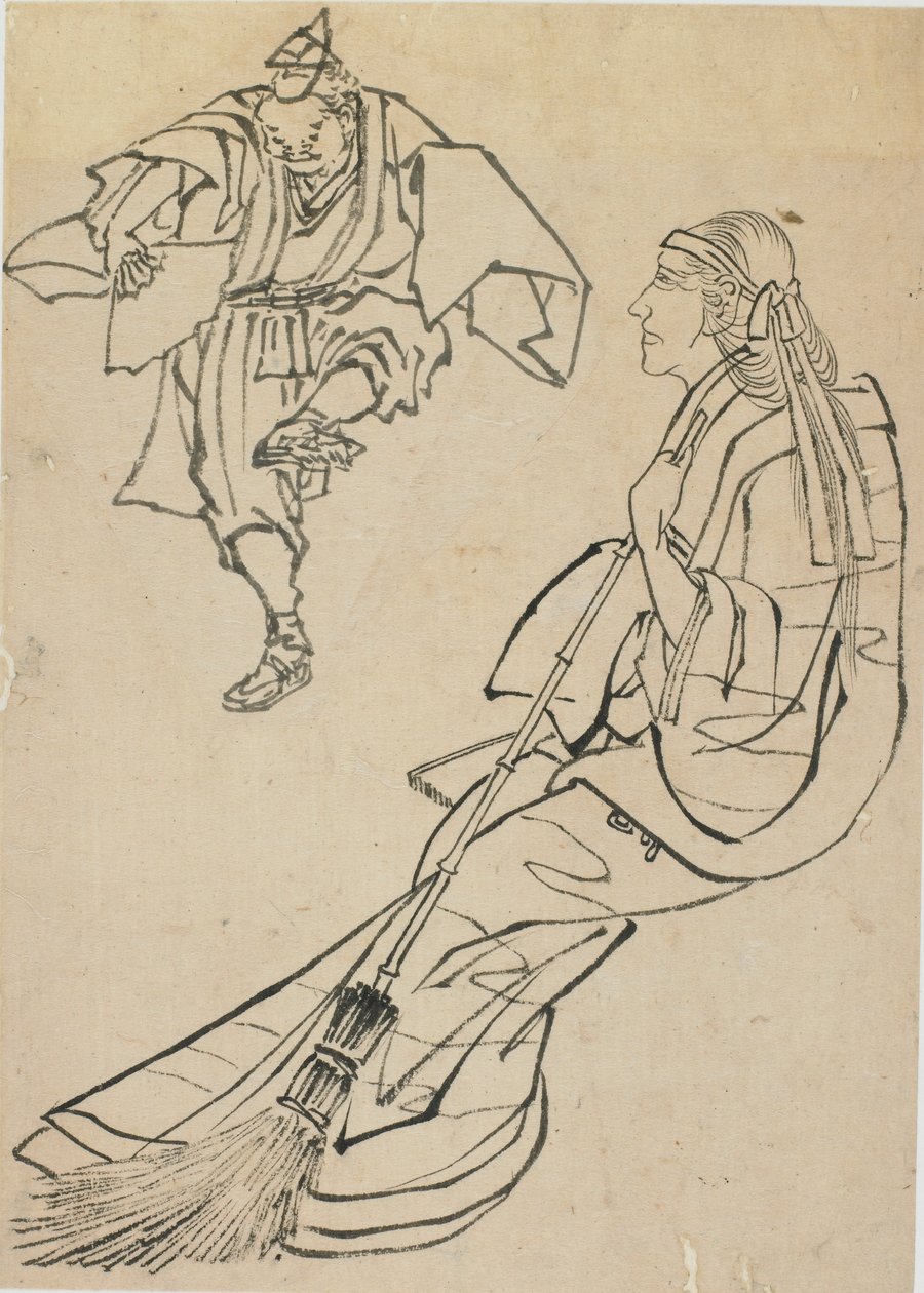 Gammel kvinne sittende på benk som en mann med fan danser foran, sent på 1700-tallet - begynnelsen av 1800-tallet. av Katsushika Hokusai