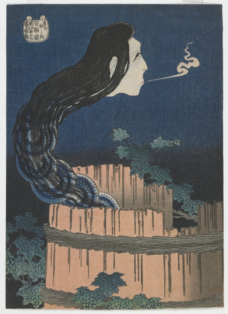 One Hundred Ghost Tales: Sarayashiki, Edo-perioden, 1831-32 (treblokktrykk i farger) av Katsushika Hokusai