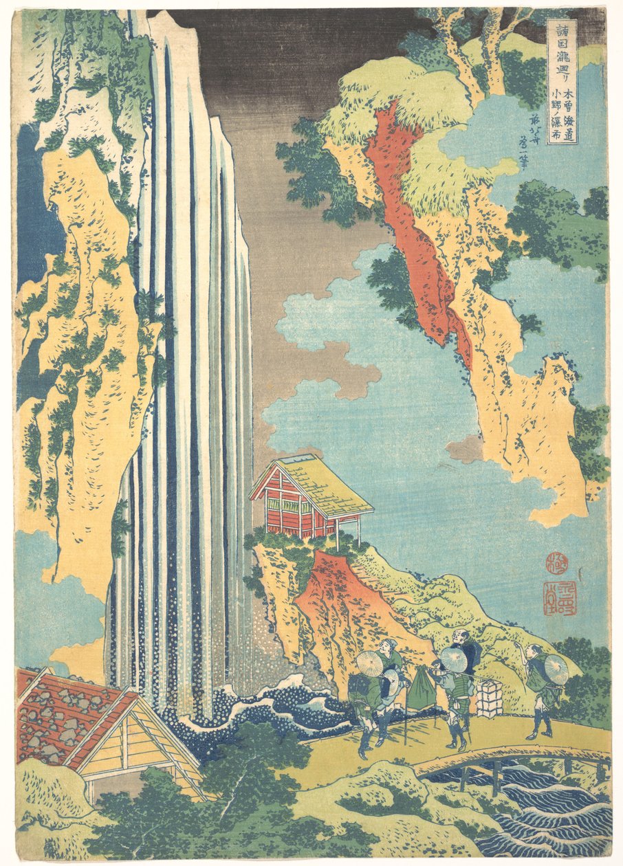 Ono-fossen langs Kisokaidō (Kisokaidō Ono no bakufu), fra serien «En rundtur til fosser i ulike provinser» (Shokoku taki meguri) av Katsushika Hokusai