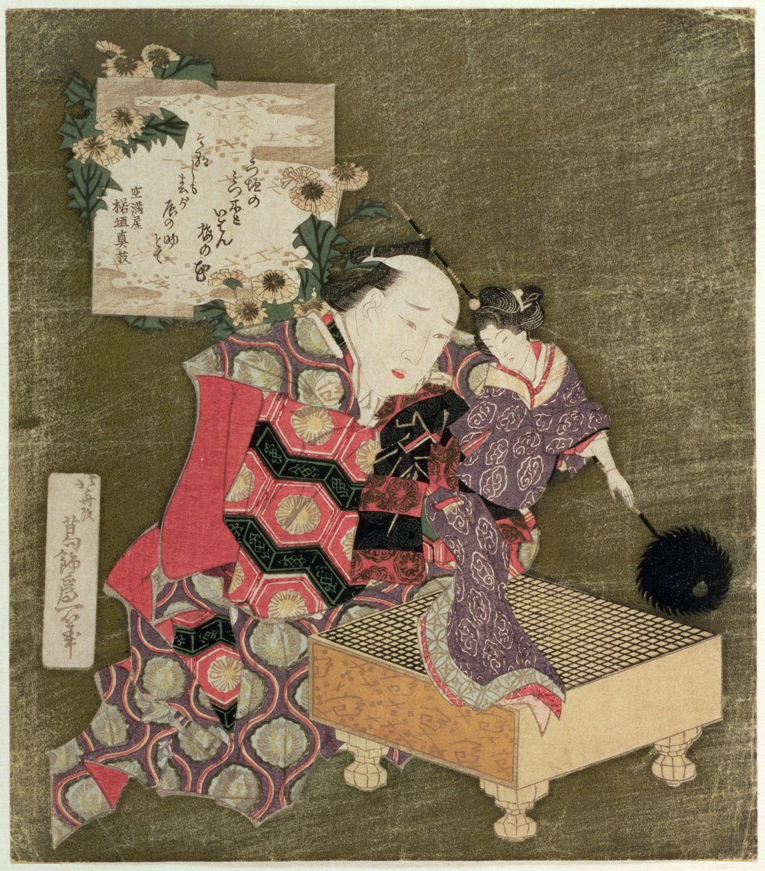 P.443-1937 En mann som opptrer med en kvinnelig dukke på et brett (treblokktrykk) av Katsushika Hokusai