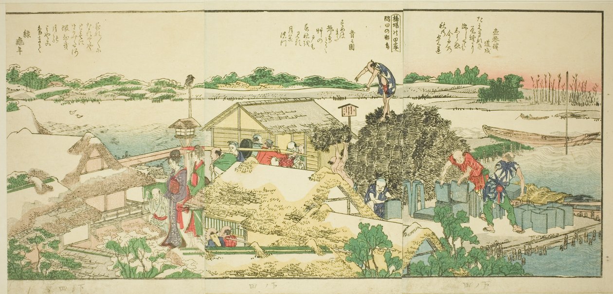 Sider fra den illustrerte boken "Panoramisk utsikt langs bredden av Sumida-elven (Ehon Sumidagawa ryogan ichiran)" av Katsushika Hokusai