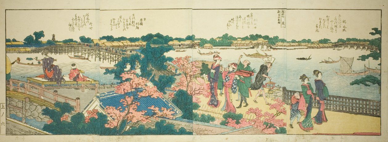 Sider fra den illustrerte boken "Panoramisk utsikt langs bredden av Sumida-elven (Ehon Sumidagawa ryogan ichiran)" av Katsushika Hokusai