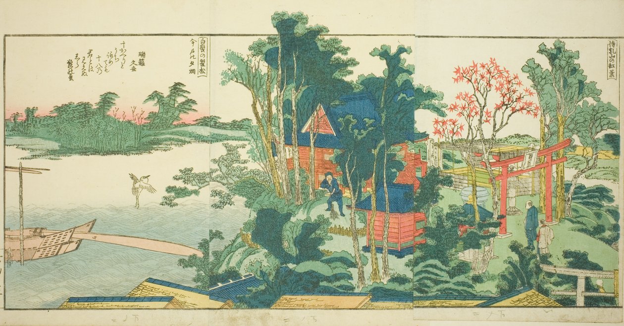 Sider fra den illustrerte boken "Panoramisk utsikt langs bredden av Sumida-elven (Ehon Sumidagawa ryogan ichiran)" av Katsushika Hokusai