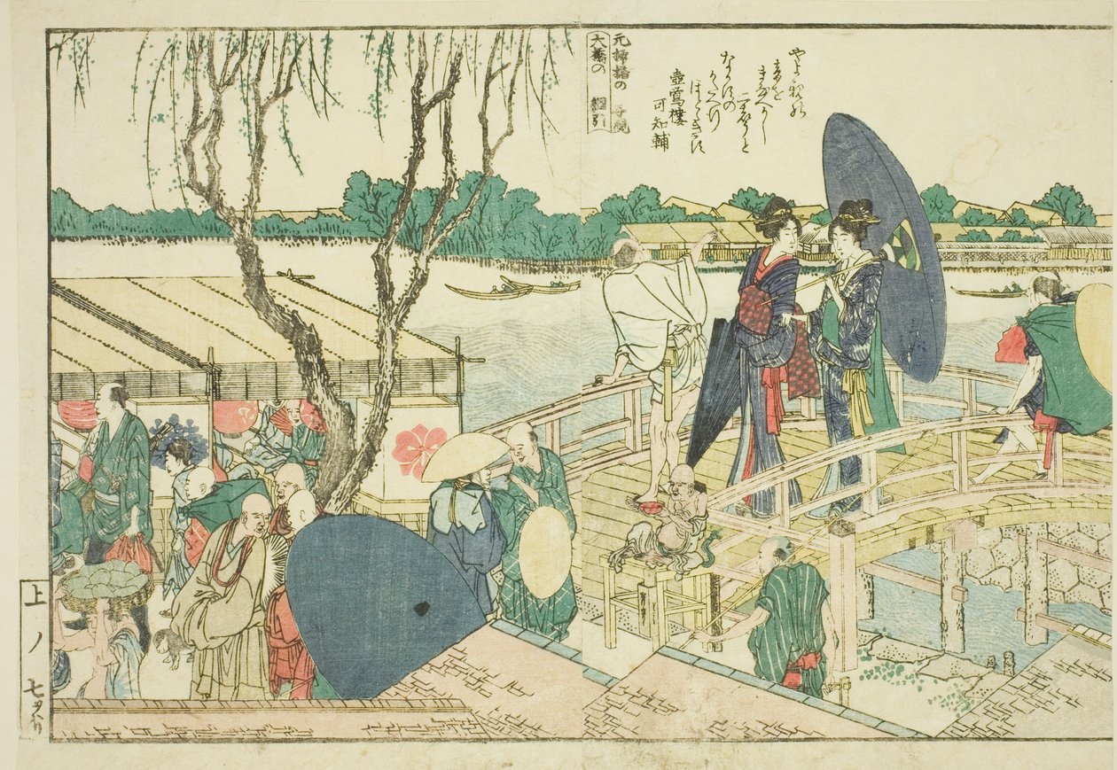 Sider fra den illustrerte boken "Panoramisk utsikt langs bredden av Sumida-elven (Ehon Sumidagawa ryogan ichiran)" av Katsushika Hokusai