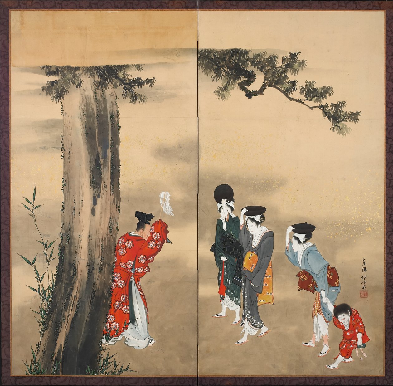 Papir todelt skjerm: A Shinto Priest, Three Women and a Child under a Pine Tree, Edo-perioden, ca. 1799-1801 (blekk, gull og farge på papir) av Katsushika Hokusai