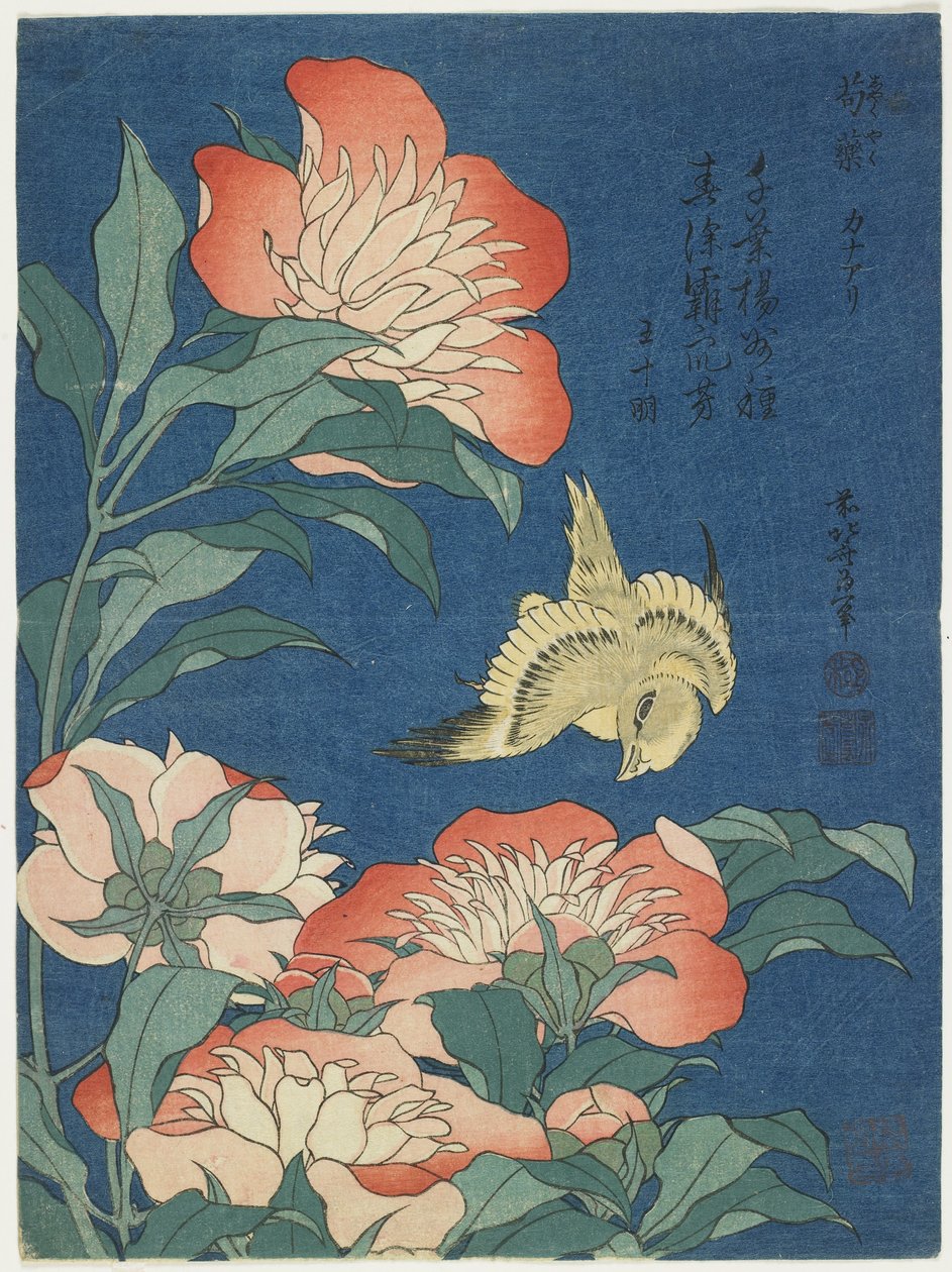 Peoner og kanarifugler, ca. 1833 av Katsushika Hokusai