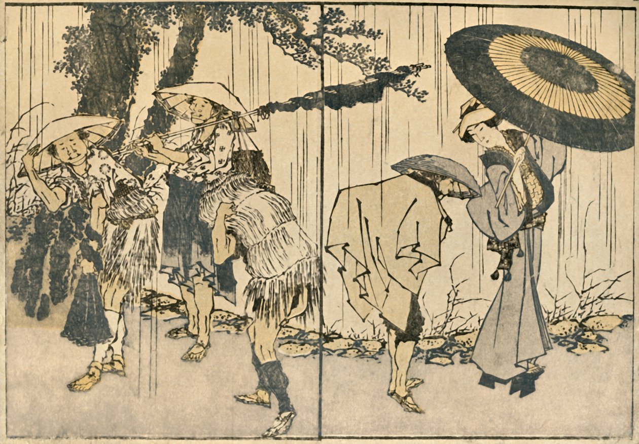 Mennesker i regnet, 1819, 1924. av Katsushika Hokusai