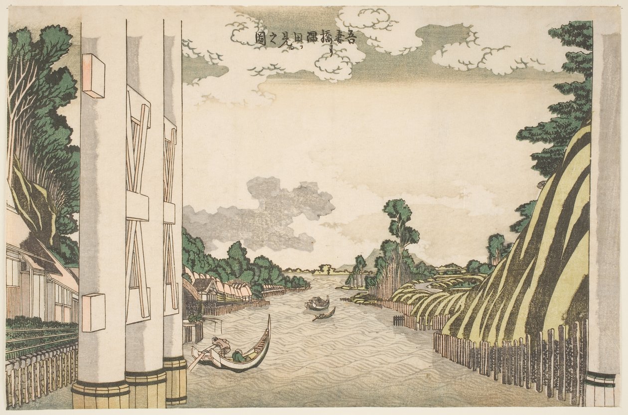Bilde av Sumida-elven sett fra Beneath Azuma Bridge, ca. 1830 (treblokktrykk) av Katsushika Hokusai