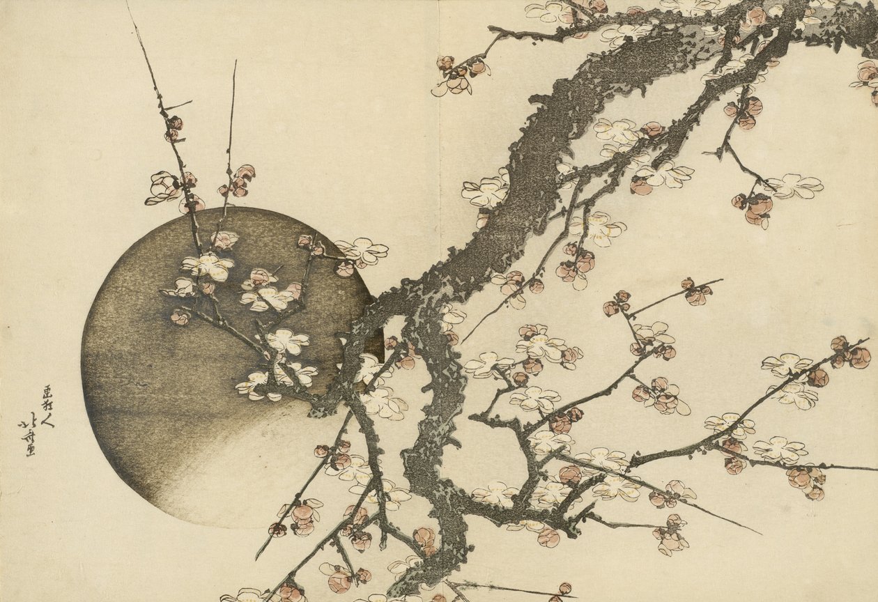 Plum Blossom and the Moon fra boken Mount Fuji in Spring av Katsushika Hokusai