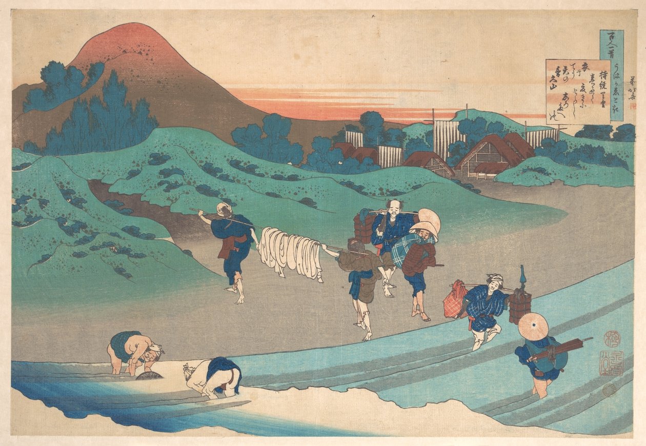 Dikt av keiserinne Jitō (Jitō Tenno), fra samlingen «Hundre dikt forklart av ammen» (Hyakunin isshu uba ga etoki) av Katsushika Hokusai