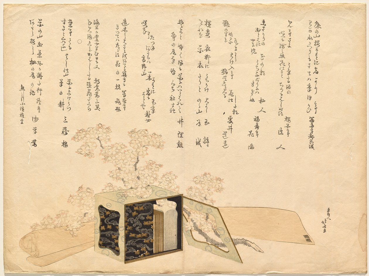 Bærbar piknikbærer i lakk og kirsebærblomster av Katsushika Hokusai