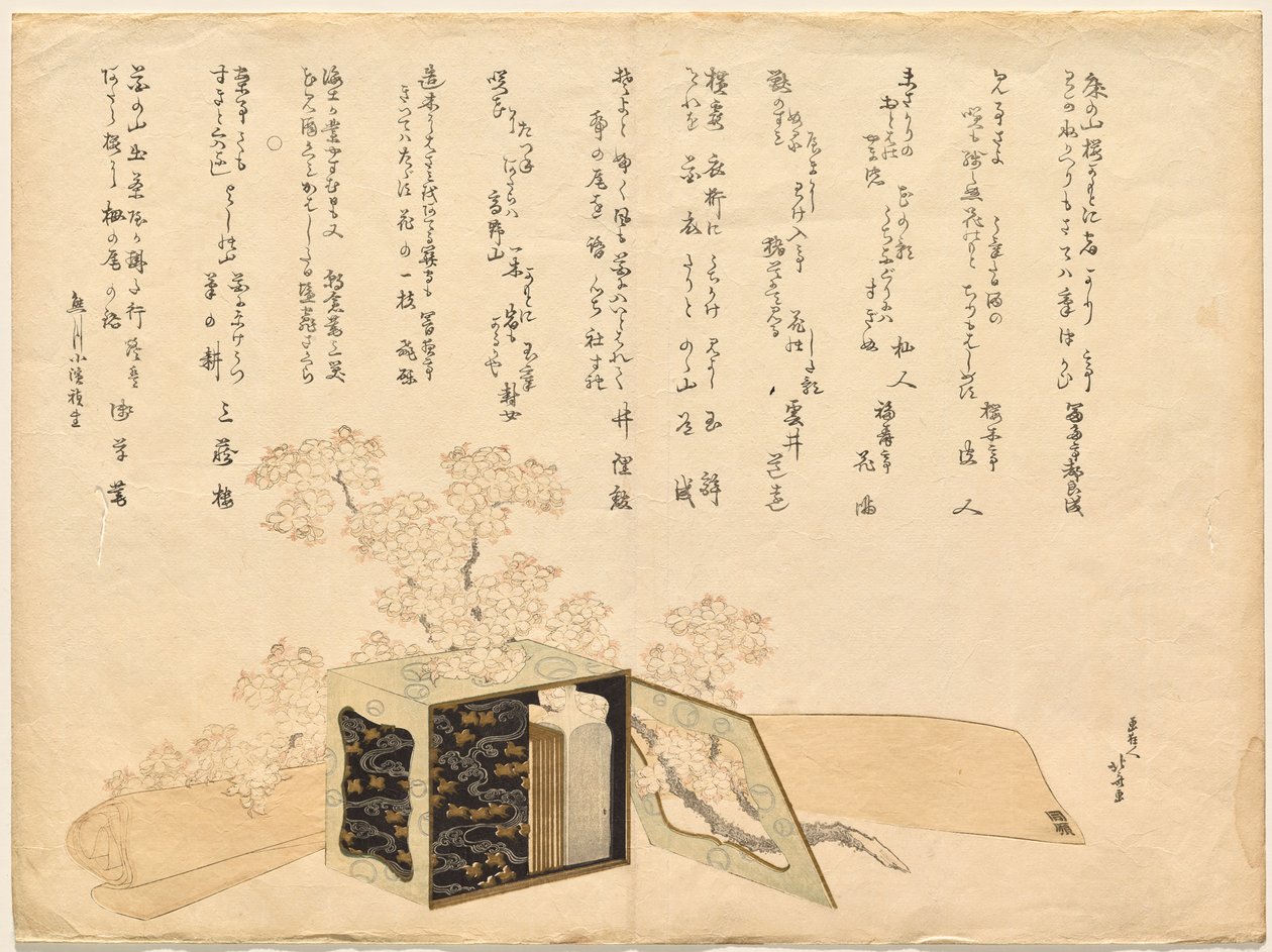 Bærbar piknikkurv i lakkert tre og kirsebærblomster av Katsushika Hokusai